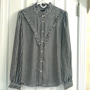 Ann Taylor Ruffled-neck and Cuff Houndstooth Blouse in Black and White.EUC